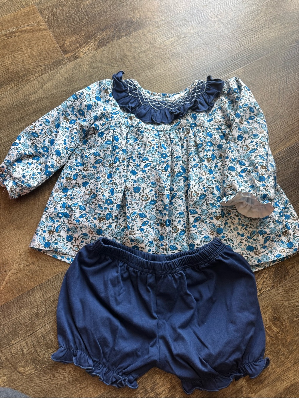 Blue Floral Top with Navy Ruffle Collar + Navy Bloomers